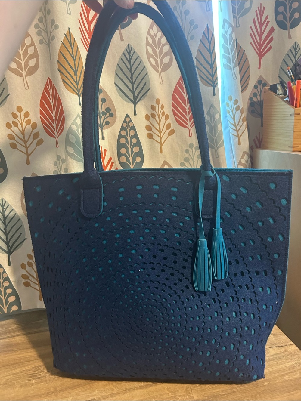 Dark Blue Tote Bag with Teal Lining and Tassel Details